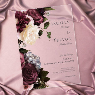 Invitations En Acrylique Mariage Fleuris Élégants Bourgogne & Crème Sombres