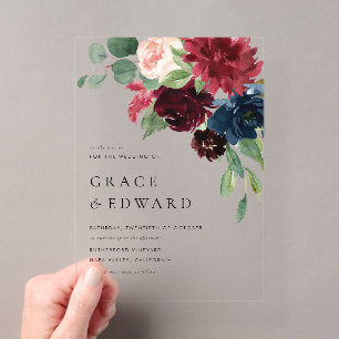 Invitations En Acrylique Mariage Fleurs Aquarelle Bourgogne et Bleu Nuit