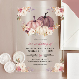 Invitations En Acrylique Mariage Fleurs Rose Poussiéreuse et Citrouille et