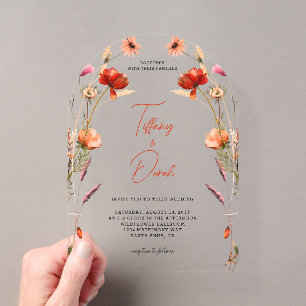 Invitations En Acrylique Mariage Fleurs Sauvages Rouge Pêche