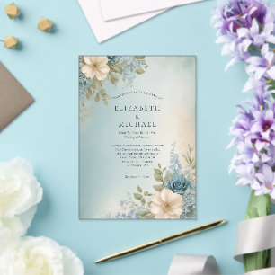 Invitations En Acrylique Mariage Floral Aquarelle Bleu Poussiéreux Blanc