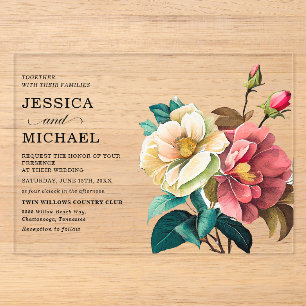 Invitations En Acrylique Mariage floral aquarelle rouge et blanc