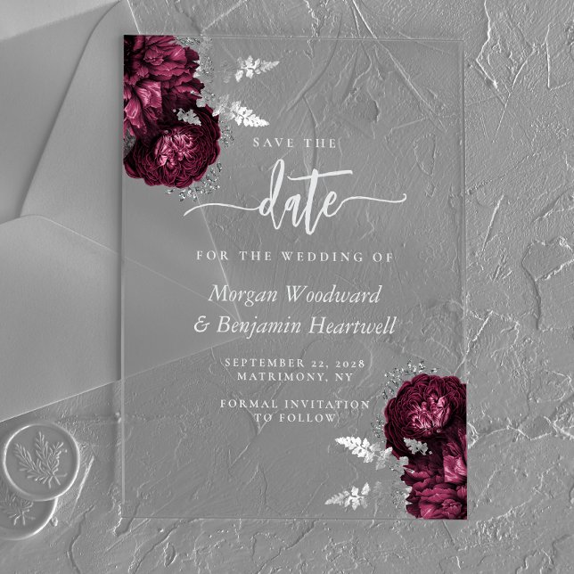 Invitations En Acrylique Mariage floral argenté Bourgogne Enregistrer la da (Créateur téléchargé)