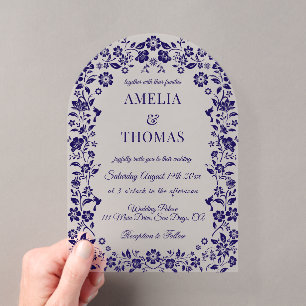 Invitations En Acrylique Mariage Floral Art Populaire Bleu
