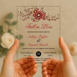 Invitations En Acrylique Mariage Floral Automnal Élégant Orné de Feuilles B