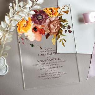 Invitations En Acrylique Mariage Floral Automnal Rustique Abricot et Prune