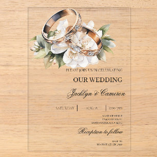 Invitations En Acrylique Mariage Floral Blanc avec bague