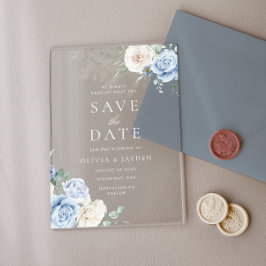 Invitations En Acrylique Mariage Floral Blanc & Bleu Enregistrer La Date