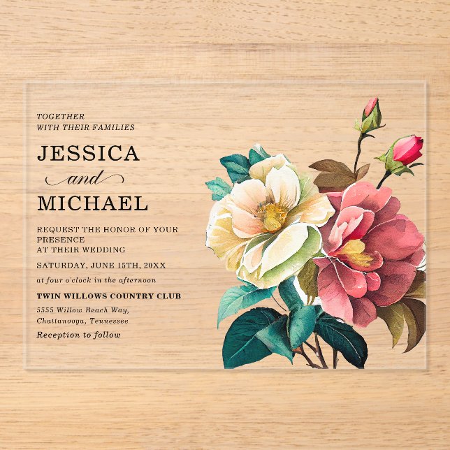 Invitations En Acrylique Mariage floral blanc rouge (Recto)
