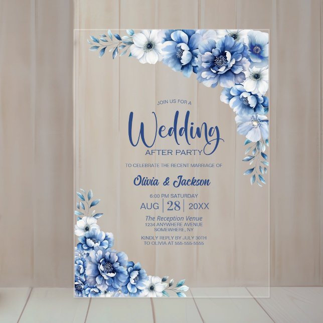 Invitations En Acrylique Mariage floral bleu après la fête (Créateur téléchargé)