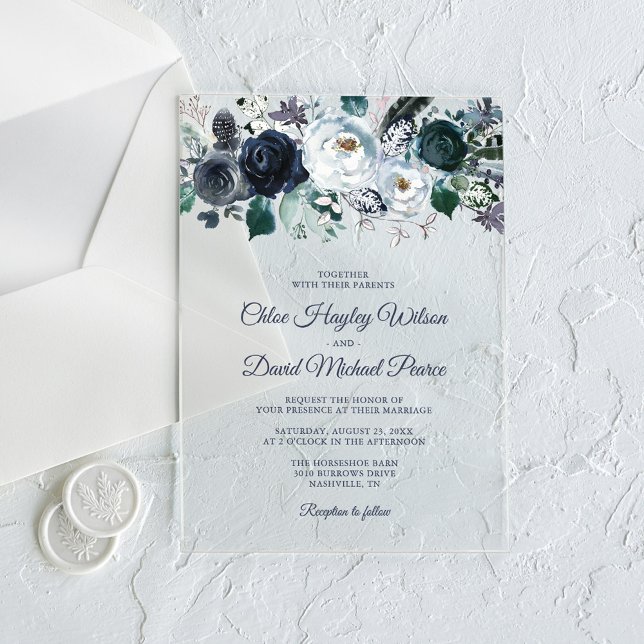 Invitations En Acrylique Mariage floral bleu de la marine russe (Créateur téléchargé)