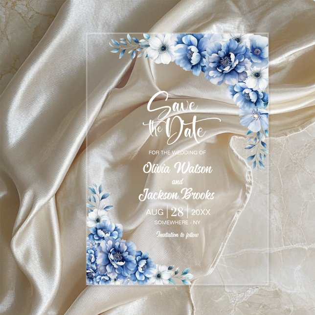 Invitations En Acrylique Mariage floral bleu élégant Enregistrer la date (Créateur téléchargé)