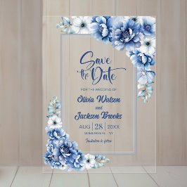 Invitations En Acrylique Mariage Floral Bleu Enregistrer la date