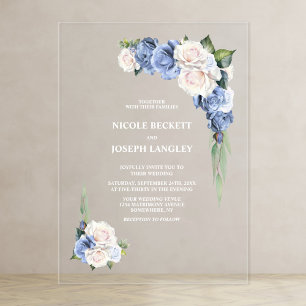 Invitations En Acrylique Mariage floral bleu et blanc