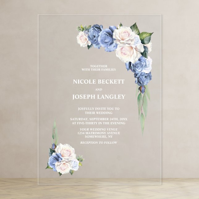 Invitations En Acrylique Mariage floral bleu et blanc (Créateur téléchargé)