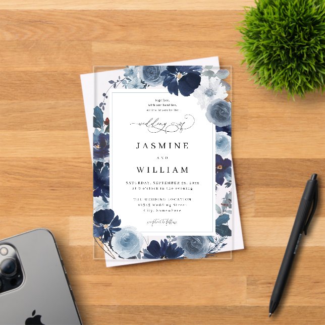 Invitations En Acrylique Mariage floral bleu et marine (Insitu (Carte d'invitation))