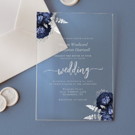 Invitations En Acrylique Mariage Floral Bleu Marine Argent Élégant
