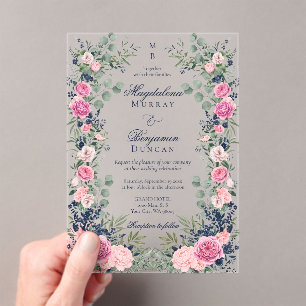 Invitations En Acrylique Mariage Floral Bleu Marine Rose