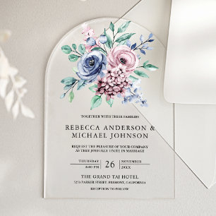 Invitations En Acrylique Mariage Floral Bleu Poussiéreux et Rose