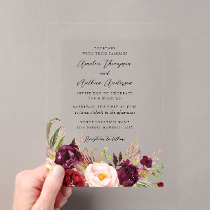Invitations En Acrylique Mariage Floral Botanique Rustique Bourgogne Clair