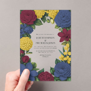 Invitations En Acrylique Mariage Floral Bourgogne, Nuit & Or