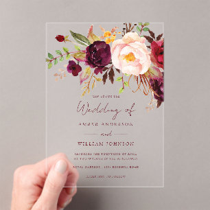 Invitations En Acrylique Mariage Floral Coup de Foudre Bourgogne  