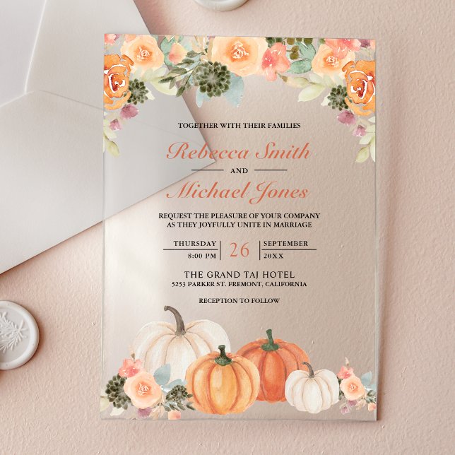 Invitations En Acrylique Mariage Floral d'Automne aux Citrouilles à l'Aquar (Créateur téléchargé)