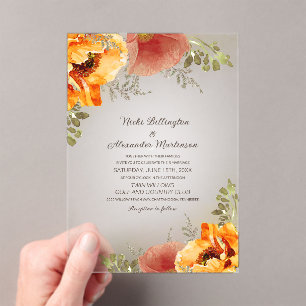 Invitations En Acrylique Mariage Floral d'Automne Orange Brûlé Rustique