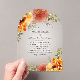 Invitations En Acrylique Mariage Floral d'Automne Orange Brûlé Rustique