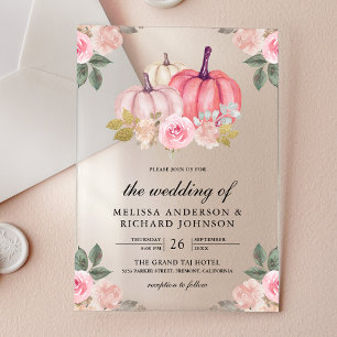 Invitations En Acrylique Mariage Floral de Citrouille Rose et Or Rustique