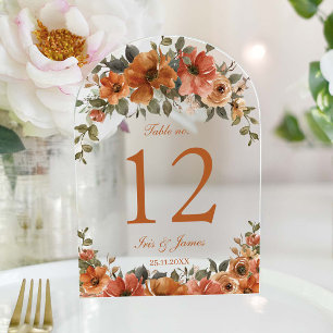 Invitations En Acrylique Mariage floral de cuivre orange brûlé Numéro de ta