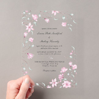 Invitations En Acrylique Mariage Floral Élégant aux Magnolias Roses