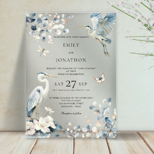 Invitations En Acrylique Mariage Floral Élégant avec Héron Bleu