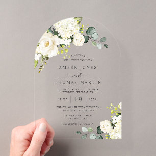 Invitations En Acrylique Mariage Floral Élégant Blanc Ivoire 