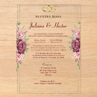 Invitations En Acrylique Mariage Floral Élégant Bordeaux et Or