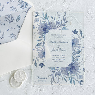 Invitations En Acrylique Mariage Floral Élégant Chinois Bleu Poussiéreux
