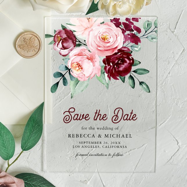 Invitations En Acrylique Mariage floral en Bourgogne rose Enregistrer la da (Créateur téléchargé)
