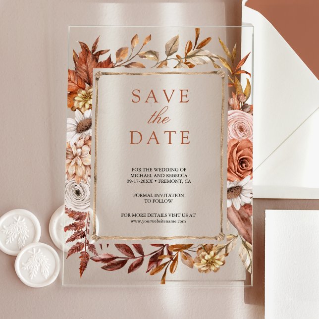 Invitations En Acrylique Mariage floral en terre cuite Enregistrer la date (Créateur téléchargé)