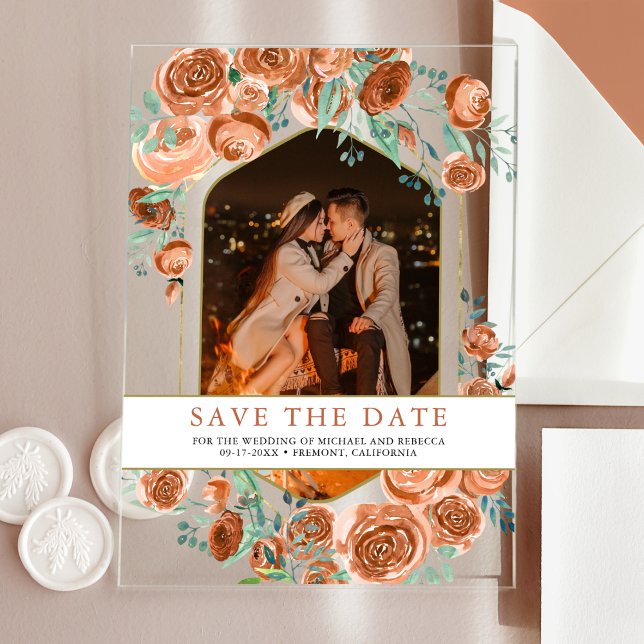 Invitations En Acrylique Mariage floral en terre cuite Enregistrer la date (Créateur téléchargé)