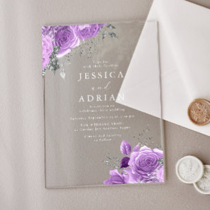 Invitations En Acrylique Mariage Floral Enchanté Lavande et Argent