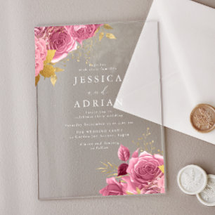 Invitations En Acrylique Mariage Floral Enchanté Rose & Or