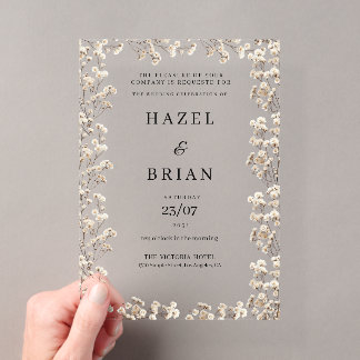 Invitations En Acrylique Mariage floral gypsophile blanc ivoire élégant
