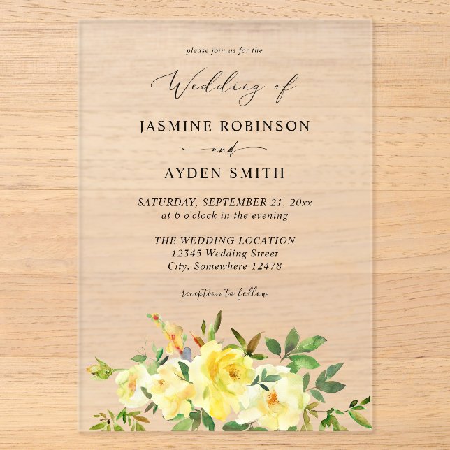 Invitations En Acrylique Mariage floral jaune (Recto)