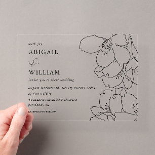 Invitations En Acrylique Mariage floral moderne illustré noir