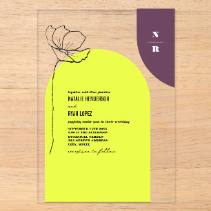 Invitations En Acrylique Mariage Floral Néon + Géométrique prune