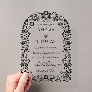 Invitations En Acrylique Mariage floral noir élégant