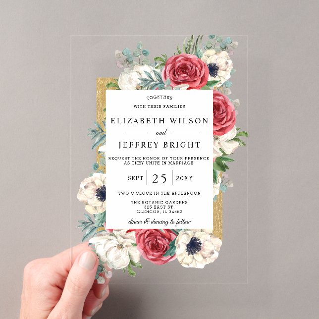 Invitations En Acrylique Mariage Floral Or Bourgogne (In situ (ordinateur de poche))
