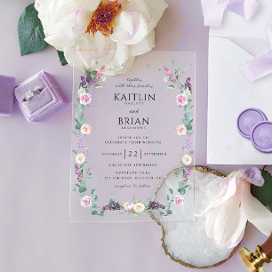 Invitations En Acrylique Mariage Floral Pastel Lavande Violet Élégant