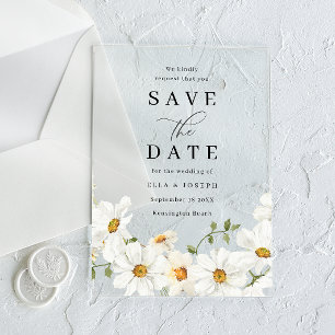 Invitations En Acrylique Mariage Floral Printanier Blanc Enregistrer La Dat