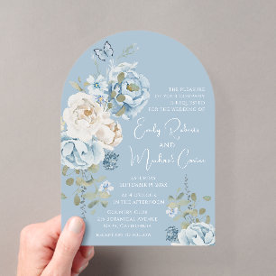 Invitations En Acrylique Mariage floral romantique bleu Dusty